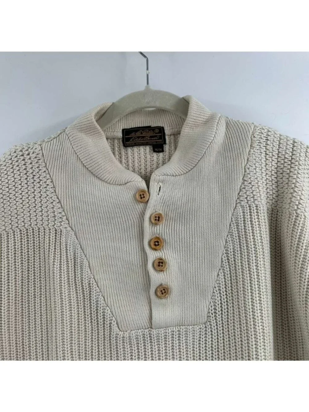 Eddie Bauer Sweater Men's Medium Beige Button Henley Knit Pullover Long Sleeve